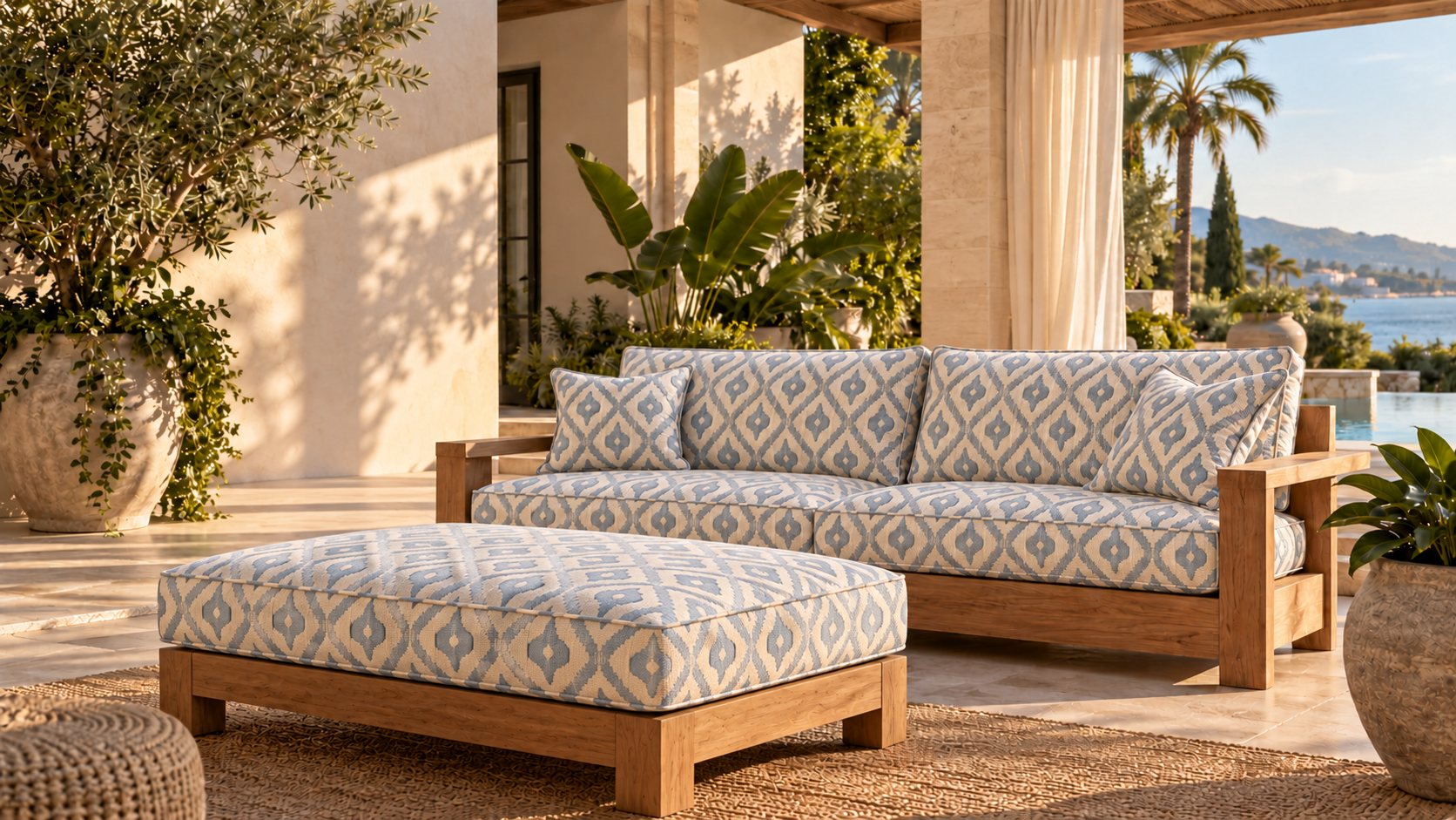 Teak sofa and ottoman with blue ikat diamond cushions on a stone terrace