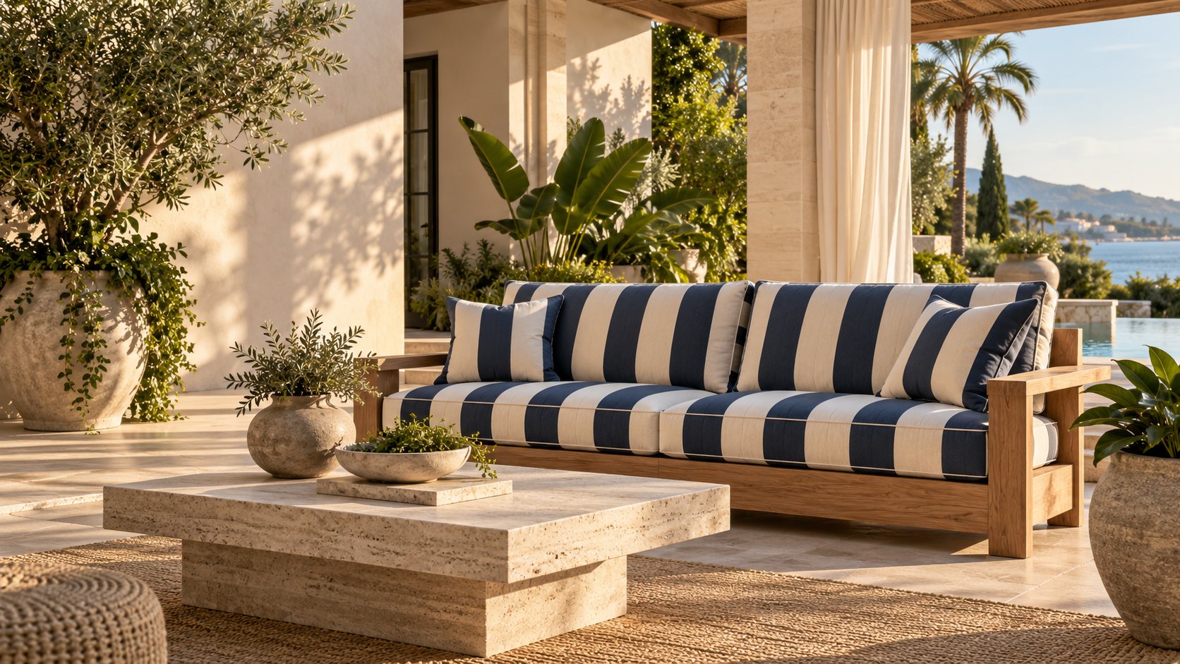 Teak sofa with navy and natural cabana stripe cushions on a stone terrace