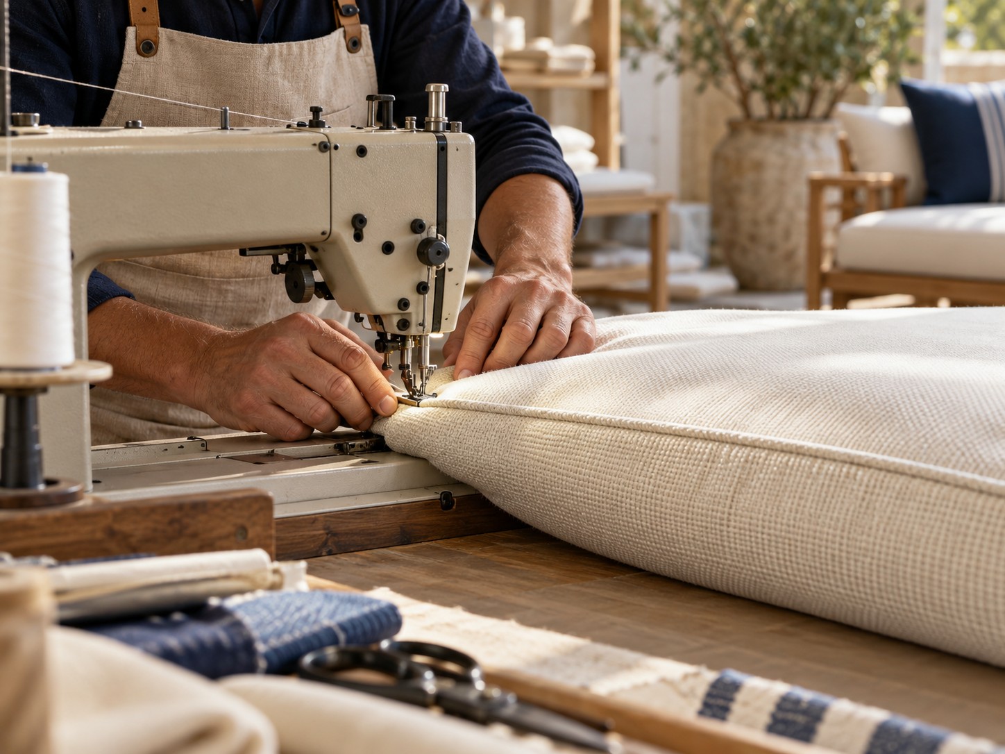 Illustrative scene of an upholsterer sewing an ivory outdoor cushion
