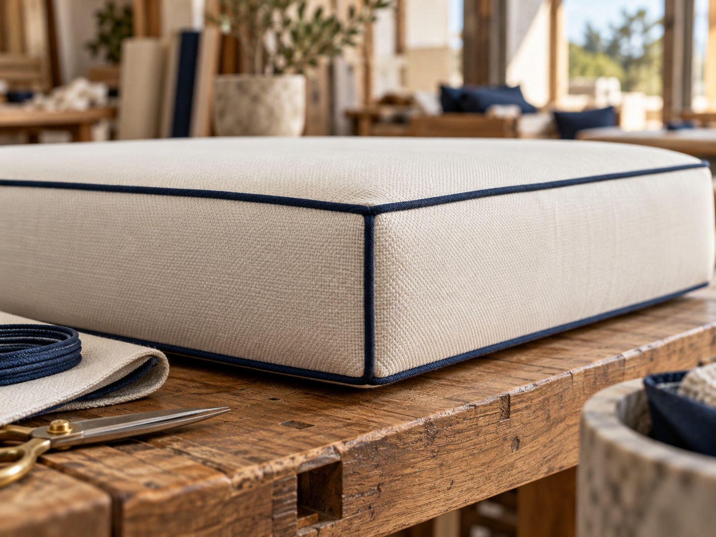 Illustrative close-up of navy piping and a finished outdoor cushion corner