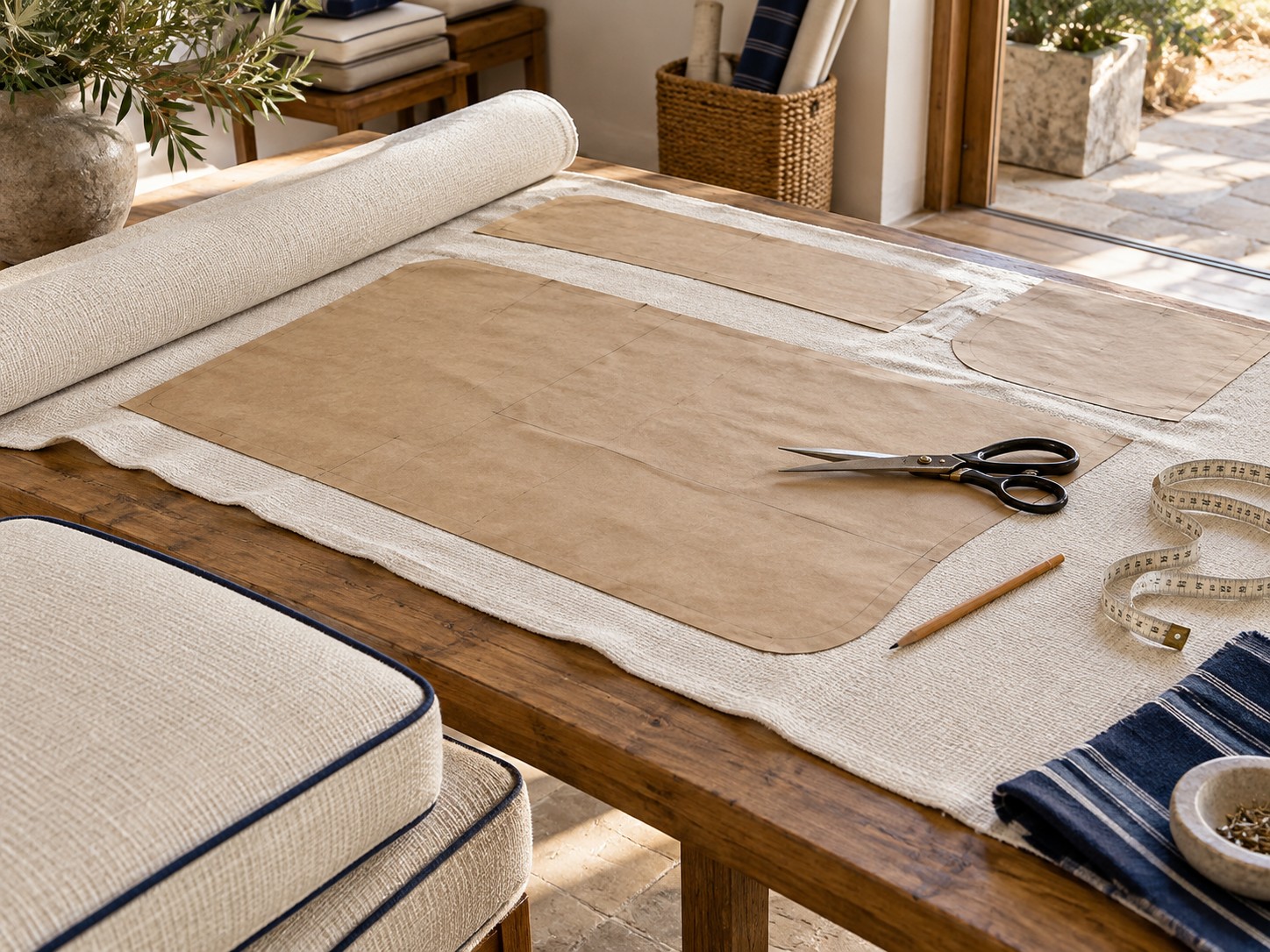 Illustrative scene of paper cushion patterns on upholstery fabric