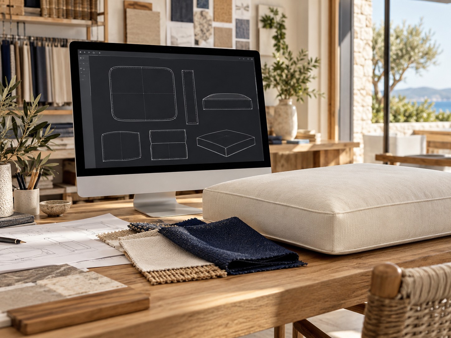 Illustrative scene of digital cushion patterns beside fabric samples