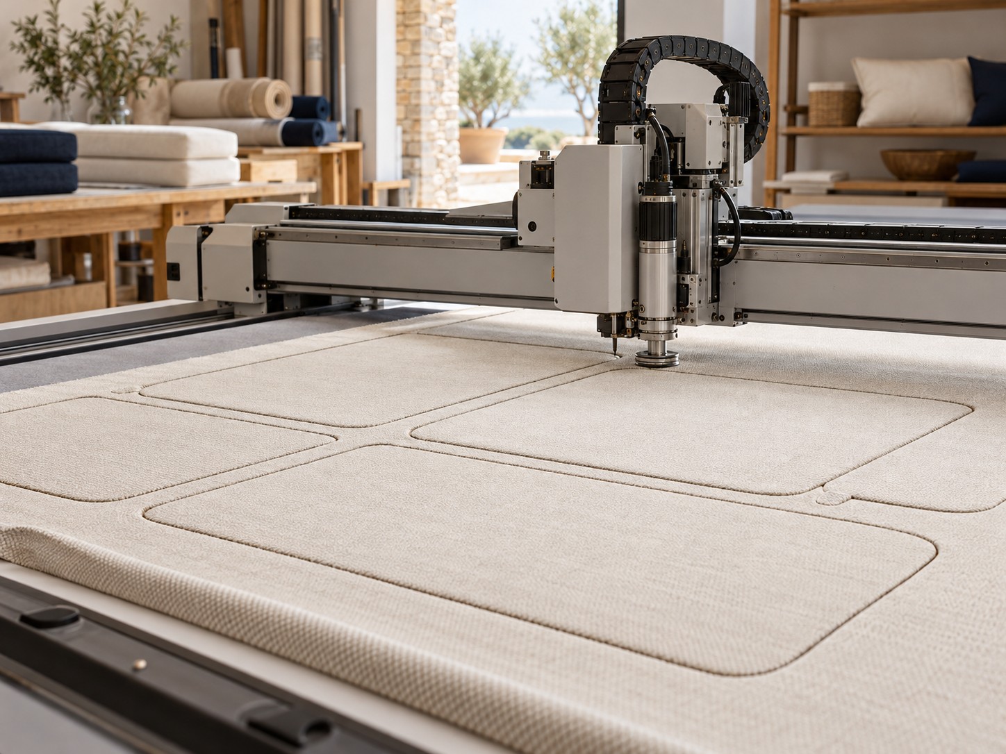 Illustrative scene of CNC equipment cutting outdoor cushion panels